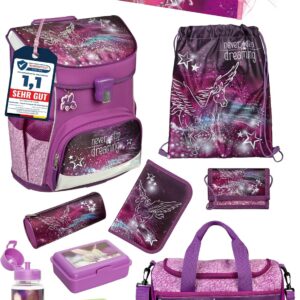 Familando Girls School Bag 1st Class · Scooli Campus Fit School Bag · Ergonomic & Lightweight · Children’s School Bag Set for Girls (10-Piece with School Cone, Pegasus Purple)