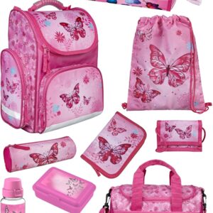 Familando School Bag 1st Class · Ergonomic Satchel · School Bag for Boys and Girls (Complete Set with School Cone, Butterfly Butterflies Pink)