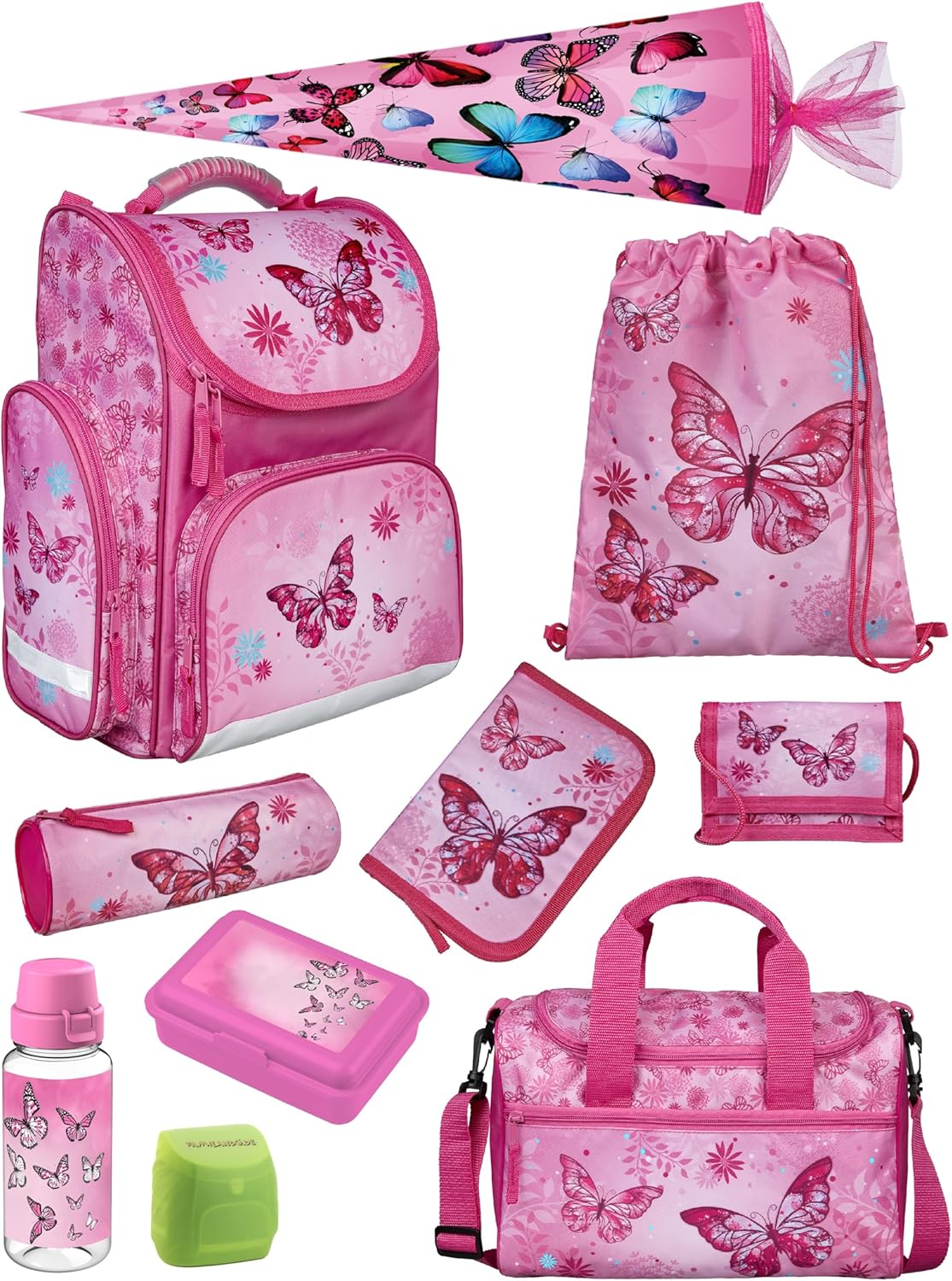Familando School Bag 1st Class · Ergonomic Satchel · School Bag for Boys and Girls (Complete Set with School Cone, Butterfly Butterflies Pink)