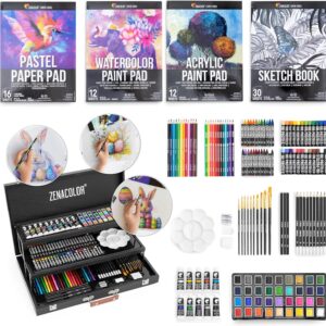 Zenacolor Painting Case for Adults (XXL) – Painting Set Wooden Case 150 Pieces for Artists – Complete Set Drawing and Painting – Pastels, Acrylic Paints, Wax Crayons, Watercolour Paints, Pencils – 4 Blocks