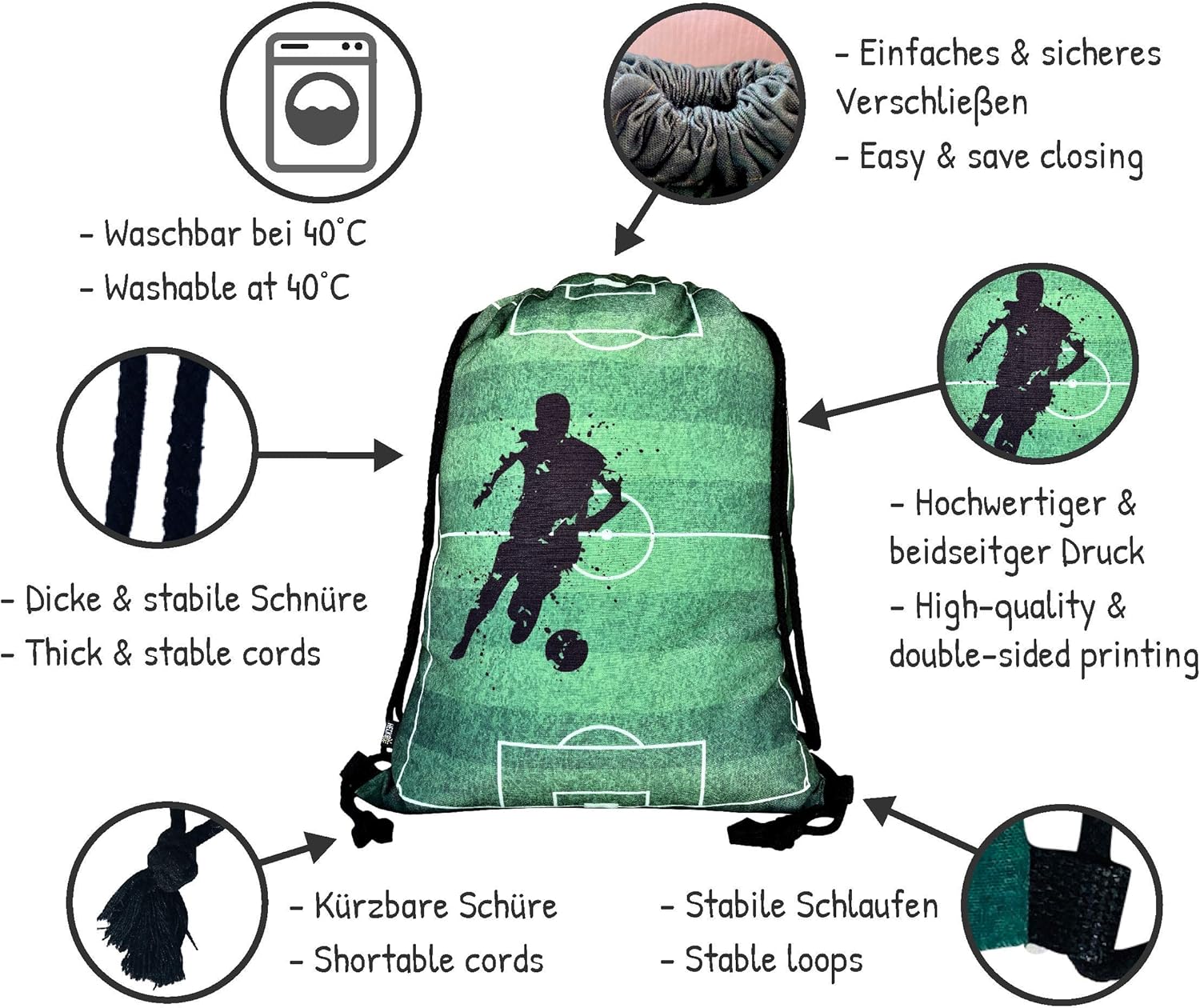 HECKBO Boys Girls Kids Gym Bag - Football - 40 x 32 cm - School Sports - Backpack, Bag, Sports Bag, Football Bag – Bild 4