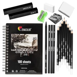 Zenacolor – Drawing set – 19 accessories: 8 Pencils, 3 Charcoal Pencils, 1 Graphite Pen, 2 Charcoal Sticks, 100 Page Sketchbook – Beginners Or Professionals