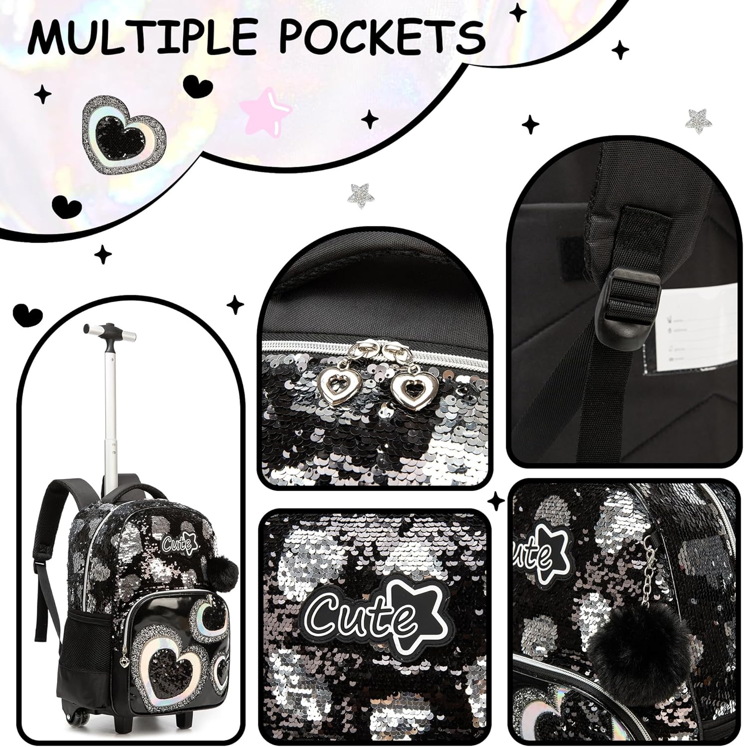 HTgroce Trolley Backpack with Wheels, Pencil Case, Lunch Bag, 3-in-1 Lightweight Rolling School Bag for Girls, School Bags Trolley Sets, Black Heart – Bild 3