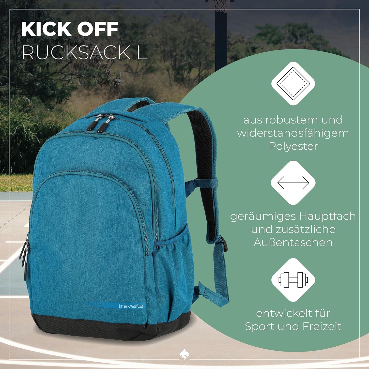 Travelite Hand luggage backpack size L meets IATA cabin luggage dimensions, luggage series KICK OFF: Practical backpack for holidays and sports, 45 cm, 22 litres, 006918, petrol, Rucksack L (45 cm/22 Liter) – Bild 2