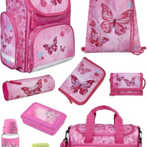 Familando School Bag 1st Class · Ergonomic Satchel · School Bag for Boys and Girls (9-Piece Set with Sports Bag, Butterfly Butterflies Pink)