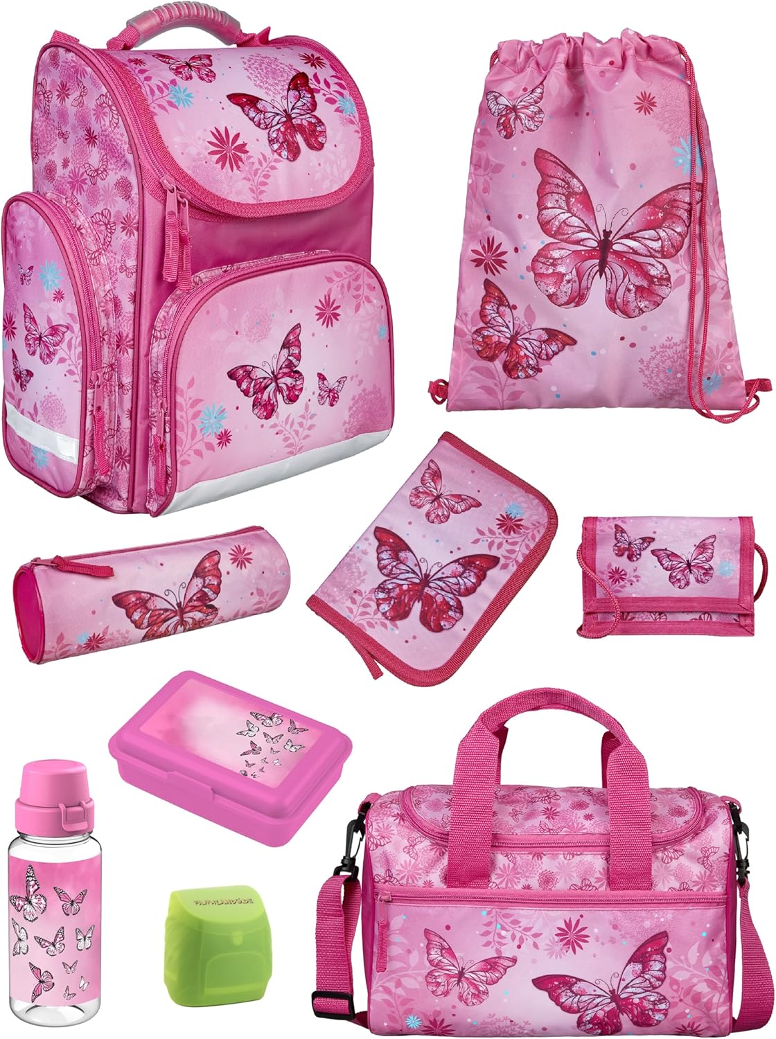Familando School Bag 1st Class · Ergonomic Satchel · School Bag for Boys and Girls (9-Piece Set with Sports Bag, Butterfly Butterflies Pink)