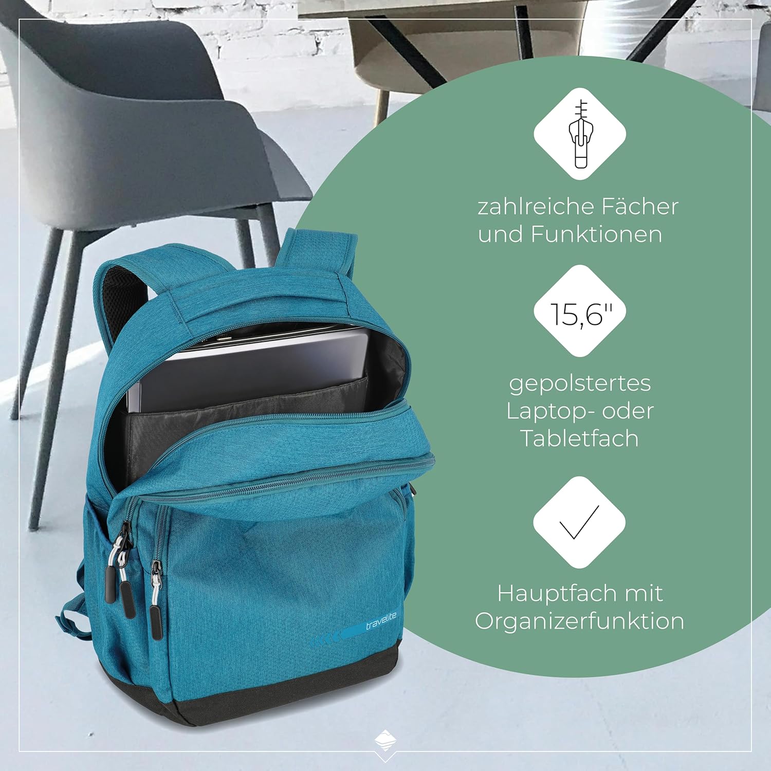 Travelite Hand luggage backpack size L meets IATA cabin luggage dimensions, luggage series KICK OFF: Practical backpack for holidays and sports, 45 cm, 22 litres, 006918, petrol, Rucksack L (45 cm/22 Liter) – Bild 5