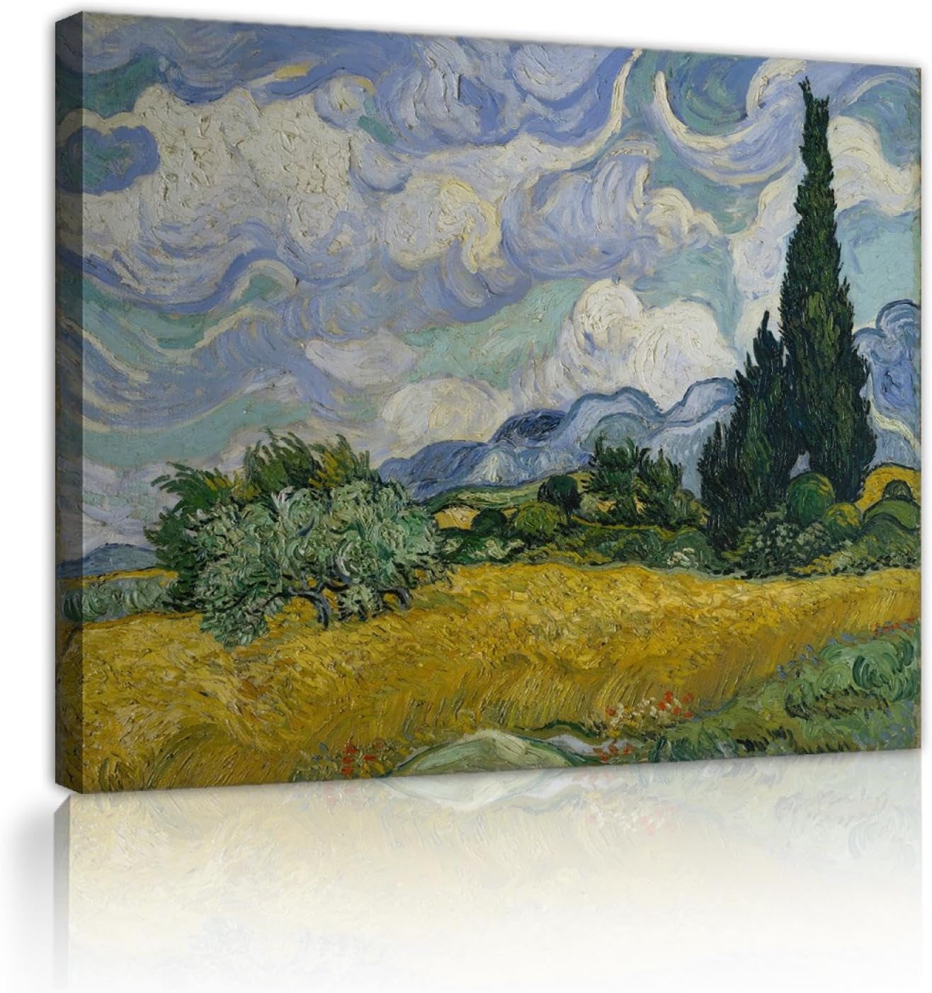 YUNART Dutch artists Drucke Leinwand gerahmt Wandkunst Poster Drucke Weizenfelder und Zypressen Bilder Home Office Dekor fertig zum Aufhängen 35x45cm Innenrahmen