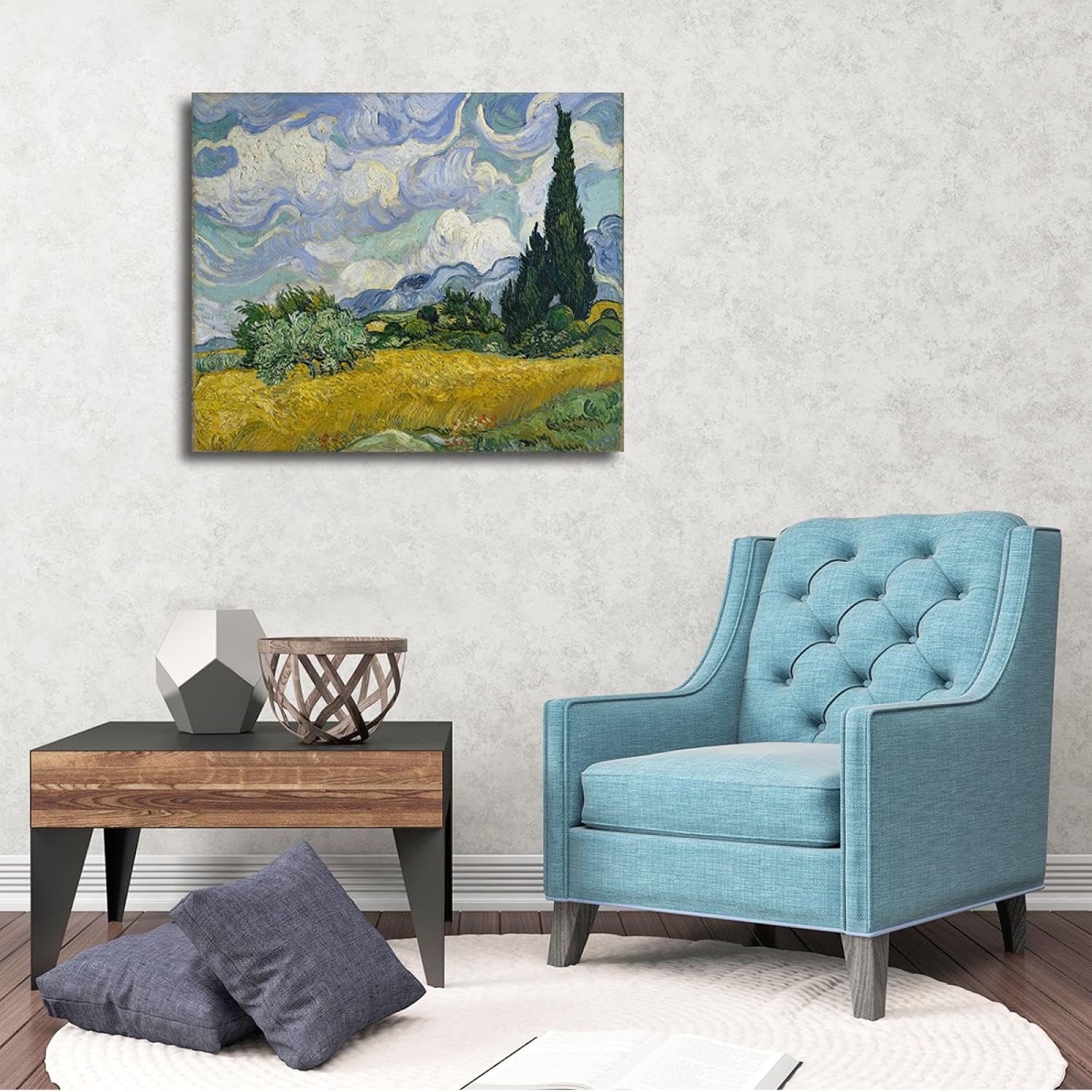 YUNART Dutch artists Drucke Leinwand gerahmt Wandkunst Poster Drucke Weizenfelder und Zypressen Bilder Home Office Dekor fertig zum Aufhängen 35x45cm Innenrahmen – Bild 4
