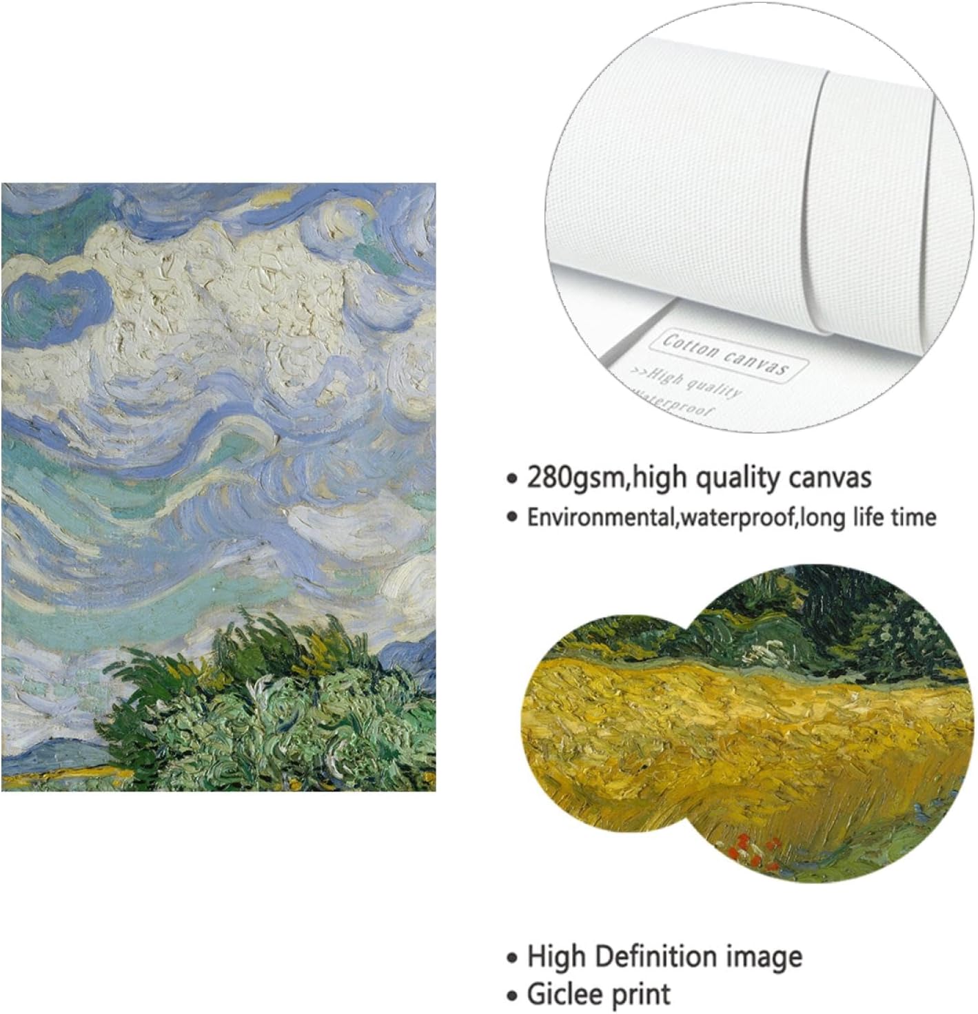 YUNART Dutch artists Drucke Leinwand gerahmt Wandkunst Poster Drucke Weizenfelder und Zypressen Bilder Home Office Dekor fertig zum Aufhängen 35x45cm Innenrahmen – Bild 5