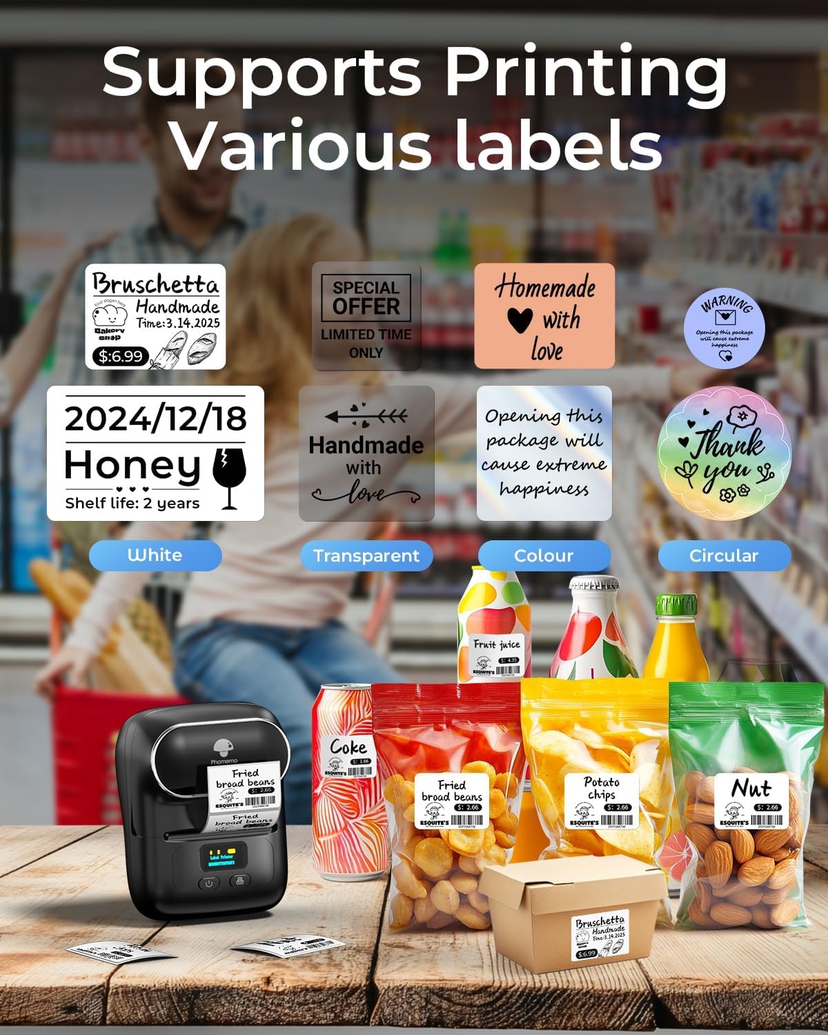 Phomemo M110 Self-Adhesive Label Printer with 3 Label Rolls, Bluetooth Thermal Label Printer for Barcodes, Retail, Small Businesses, for Phones and PC Systems, Black – Bild 2