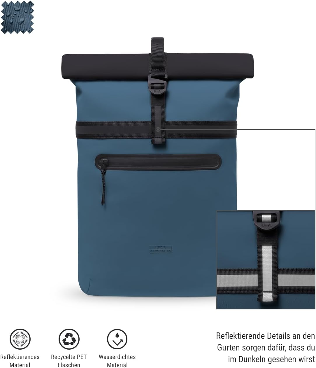 Ucon Acrobatics Niklas Aloe Rolltop Backpack for Men and Women, 18 L, 16 Inch Laptop Compartment, Water-Resistant, Reflective Bands for More Visibility When Commuting – Bild 2