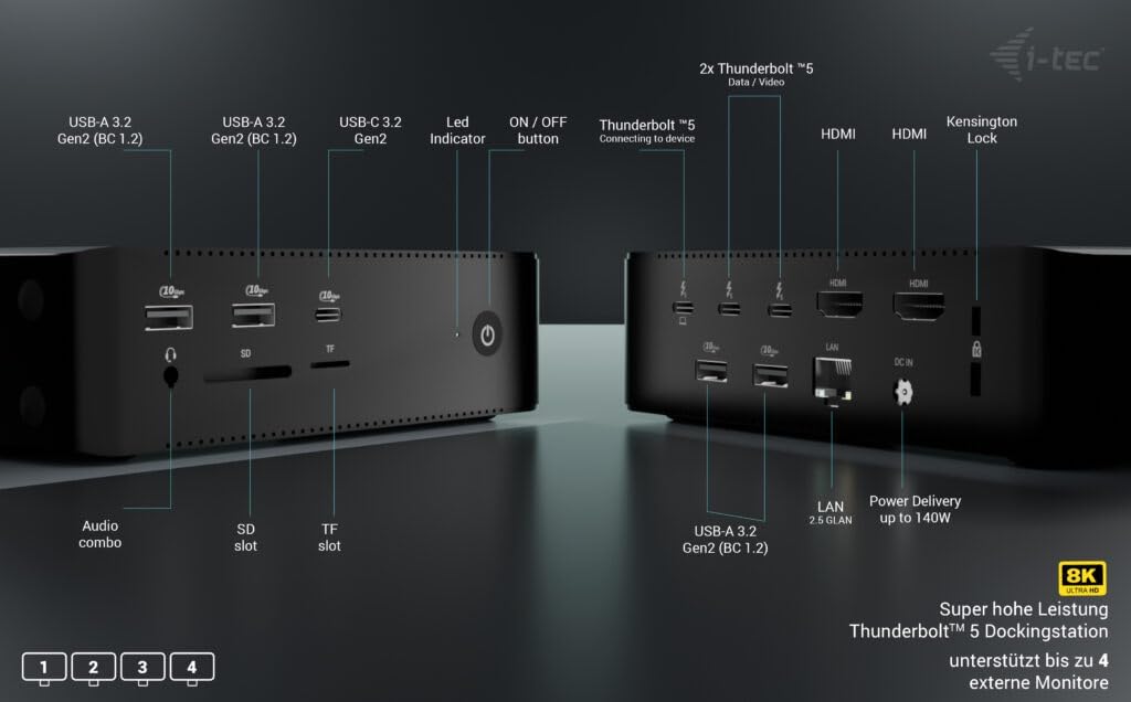 i-tec Thunderbolt 5 Quattro Display Docking Station - 2 x Thunderbolt 5 Ports, 2 x HDMI 2.0, 5 x USB, 2.5 GLAN – Bild 3