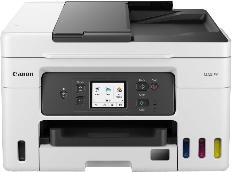 Canon MAXIFY GX4050 MegaTank Multifunktionsdrucker 4in1 (Tintenstrahl, Druck, Kopie, Scan, Fax, ADF 35 Blatt, WLAN, LAN, TouchLCD, Duplex, niedrige Seitenkosten, hohe Reichweite, gerader Einzug) weiß