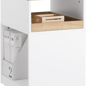 SoBuy ASK08-WN Printer Table with Wheels – Hidden Wheels, 3 Compartments, Rolling Container Desk for Office, Home Office and Study, with Removable Drawer, White / Natural W x H x D x H x D x H x D x H