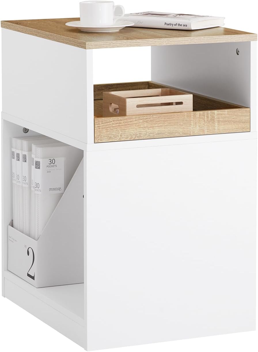 SoBuy ASK08-WN Printer Table with Wheels - Hidden Wheels, 3 Compartments, Rolling Container Desk for Office, Home Office and Study, with Removable Drawer, White / Natural W x H x D x H x D x H x D x H