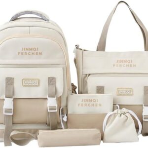 School Bag Girls School Backpack Girls Teenager School Backpack School Bag Girls Set 5 Pieces for Girls School Leisure Teenagers, beige, Backpack