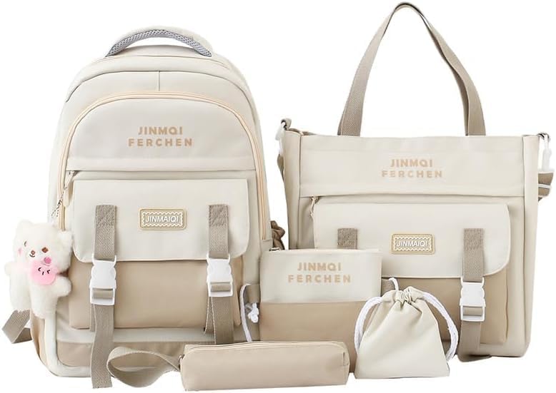 School Bag Girls School Backpack Girls Teenager School Backpack School Bag Girls Set 5 Pieces for Girls School Leisure Teenagers, beige, Backpack