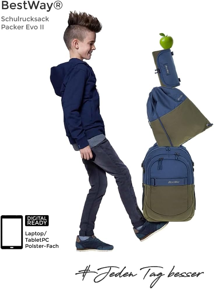 Bestway School Backpack Boys Girls 3-Piece Set Evolution Packer Evo School Folder Backpack School Bag Bag 40177 Sports Bag Pencil Case +rsm, Color Block Olive Blue 0626 – Bild 4