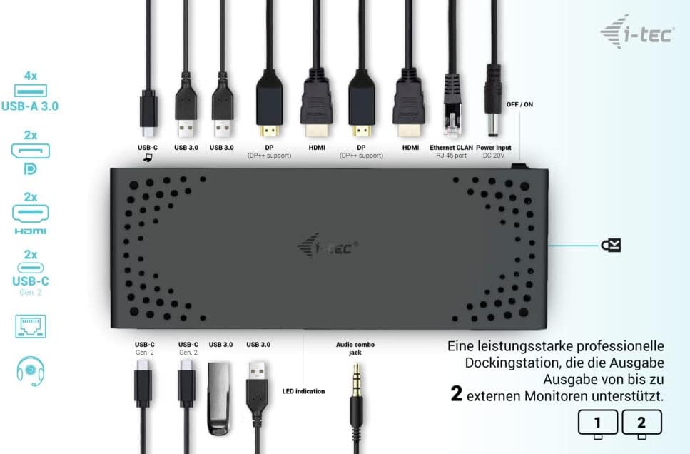 i-tec USB 3.0 / USB-C/Thunderbolt 3 Dual Display Docking Station Gen2 with Power Supply 100 W – Bild 2