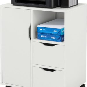 SoBuy FBT105-W Rolling Container with 2 Drawers and 1 Door, Printer Table with Wheels, Desk, Base Cabinet, Roll Container, Office Furniture, White, 60 x 70 x 35 cm