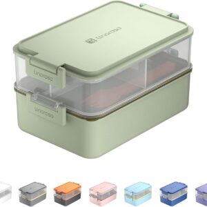 linoroso Adult Lunch Box with 3 Compartments, Bento Box with Sauce Container and Tableware, Lunch Box for Microwave and Dishwasher, Plastic, BPA-Free, as Breakfast Box, Salad Box, Mint Green