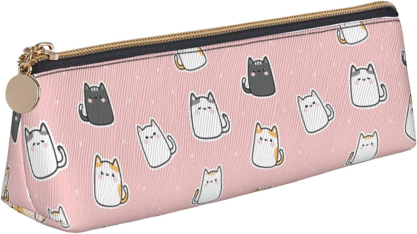 Federmäppchen mit niedlichem Tier-Katzen-Motiv, dreieckiges Stiftetui, tragbares Federmäppchen, Leder-Organizer mit Reißverschluss, Kosmetiktasche