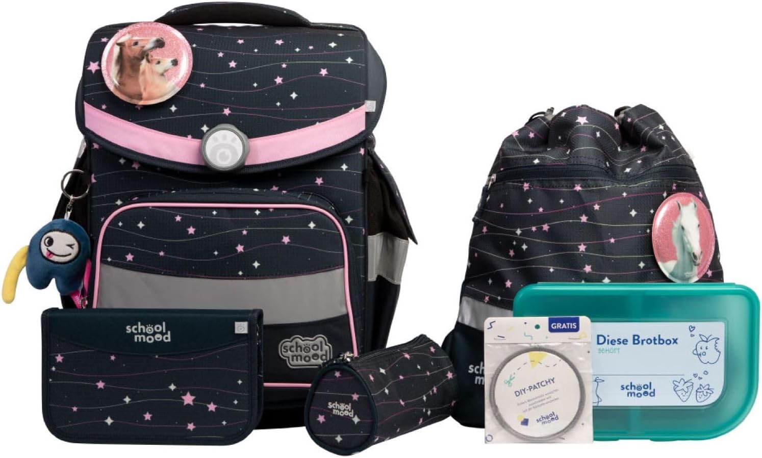 SCHOOL-MOOD Timeless Pro School Bag Set 7-Piece 23.5L Storage Space, Ergonomic Easy Fit System for 1 m to 1.50 m Height, Stable, Waterproof Fabric with Reflectors (Ella Horse)