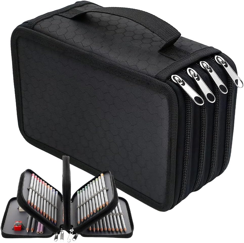 Large Pencil Case with 72 Slots, Portable Pencil Case, 4 Compartments Pencil Case Large with Zip Carry Handle, Waterproof Pencil Case for Colouring Pencils, Markers, Ballpoint Pens, Black