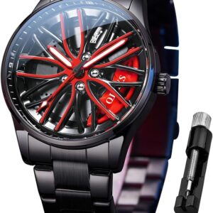 OLEVS Herrenuhren Drehende Auto-Rad Quarzuhren Modischer Sport Edelstahl Herrenarmbanduhr Leuchtend Wasserdicht für Männer