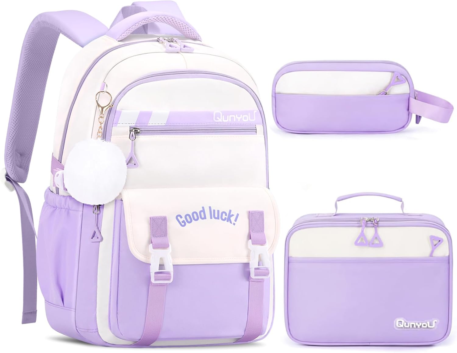 School Backpack Girls 3-Piece Casual Kids Backpack Lightweight School Bag for Girls 3rd to 5th Grade Primary School Middle School School Bag Set with Lunch Bag Pen Case, Purple