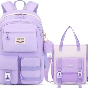 School Backpack Girls 2 Pieces, 29 Litre Backpack School Teenager, School Bag for Girls 3rd 5th to 7th Grade, School Bag Set with Shopping Bag, 47 cm, purple, Rucksack Backpacks