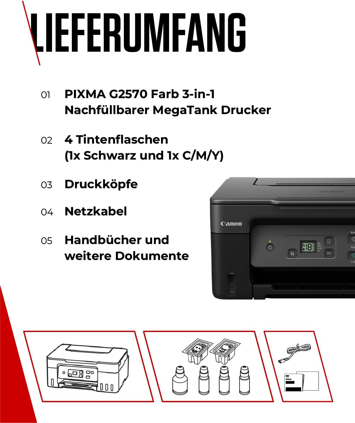Canon PIXMA G2570 MegaTank 3in1 Multifunktionsgerät Große nachfüllbare Tintenbehälter DIN A4 (Scanner, Kopierer, Drucker, Farbtintenstrahldrucker, USB, LC Display), schwarz/grau – Bild 7