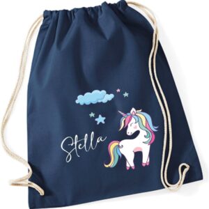 Girls' Gym Bag with Name and Unicorn Motif Unicorn Cloud Stars Personalised Fabric Bag with Cord