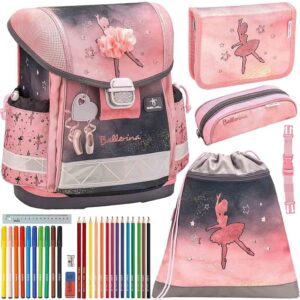 Belmil Classy School Bag Set 5 Pieces, Ballerina Black Pink, Elegant, ergonomic school bag set
