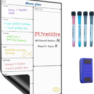 Whiteboard Magnetisch Für Kühlschrank A3, Wochenplaner Abwischbarer Selbstklebend Mit 4 Whiteboardmarkern Und 1 Radierer, Magnettafel Für Zuhause Büro, Menüplaner Einkaufsliste To Do Liste SURFOU