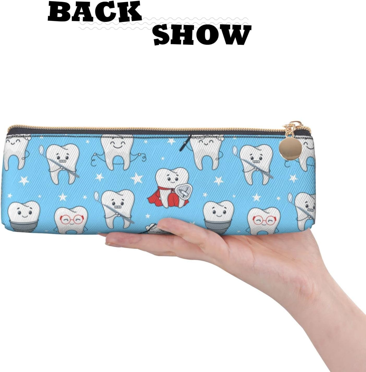 Cute Teeth Pencil Case Triangle Portable Pencil Case Leather Organizer with Zipper Cosmetic Bag, White, Bag organiser – Bild 4