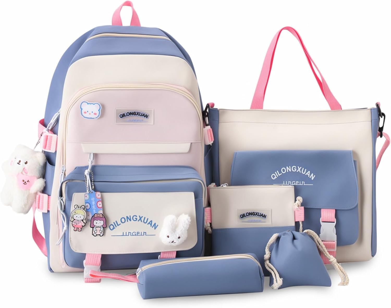 IvyH School Bag Set 5 Pieces School Bag Girls Backpack School Teenager School Backpack for Girls 3rd to 7th Grade School Bag Set with Shopping Bag Pencil Case Neck Pouch, 45cm, 8583# Blue, Backpack