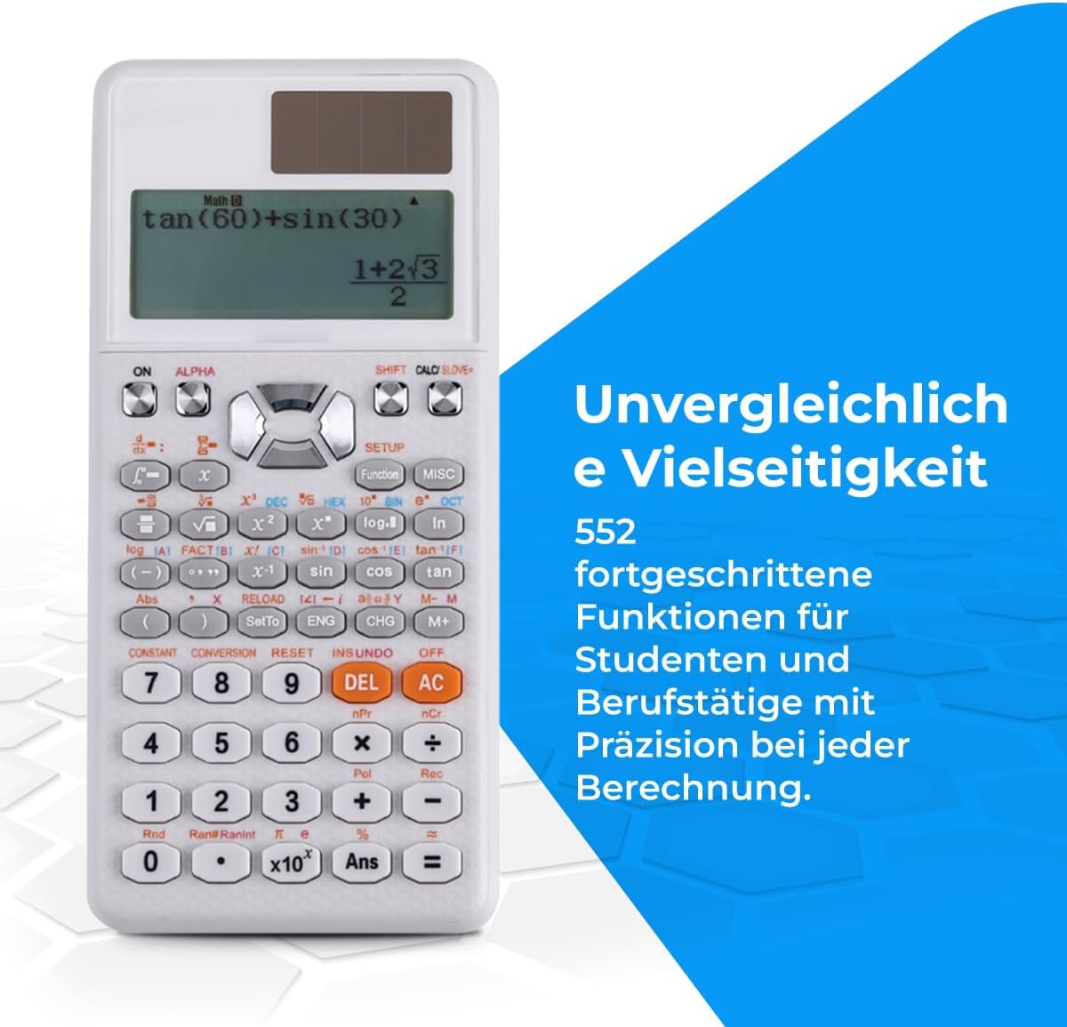 NK Scientific Calculator, 552 Functions, with Protective Case and Solar Panel, Battery 1 x LR44, Dimensions 16.5 x 8 x 1.5 cm, 192 x 63 Pixel Display, White – Bild 3