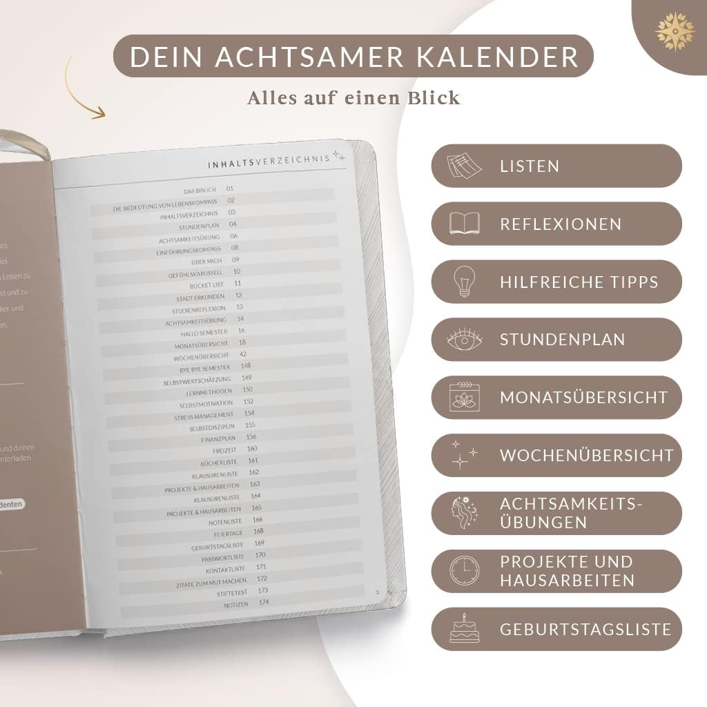 Lebenskompass® Student Planner without Date A5 "Charmer" – Beautiful Semester Planner with Many Extras – Uni Diary Calendar for Students Undated – Bild 3