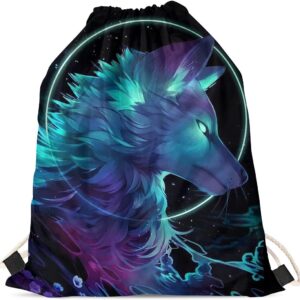 Binienty Drawstring Gym Bag Outdoor Sports Hiking Travel Shoulder Bag Cinch Backpack, Galaxy Wolf
