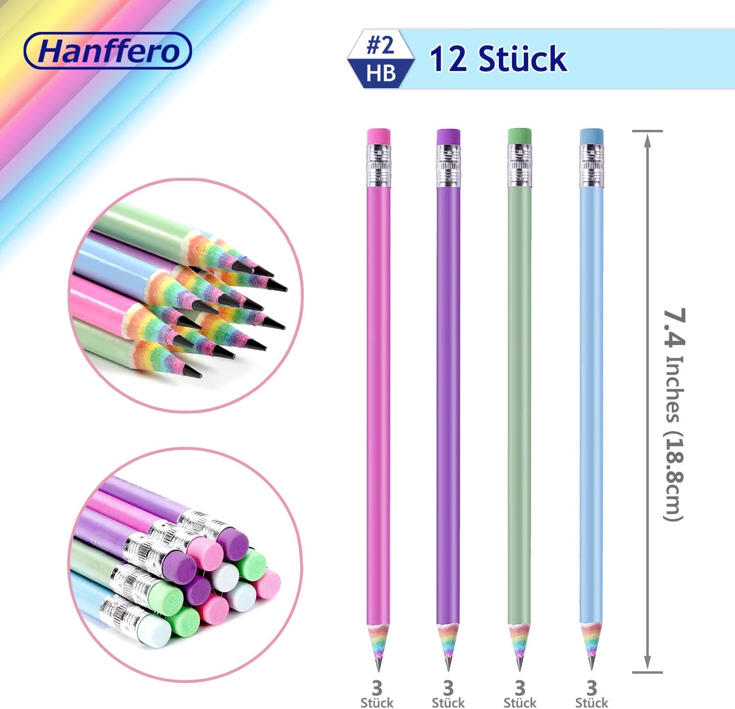 Rainbow Pencils, Drawing Writing Pencil with Rubber, Recyclable Paper Material, Pre-Sharpened, for School and Office - Hardness HB (Pack of 12) 1 – Bild 4