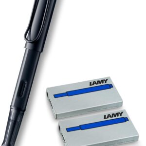Lamy AL-star Black Fountain Pen - Fountain Pen with Ergonomic Grip & Black Steel Nib in Line Width F - Lightweight Aluminium Housing - Includes Ink Cartridge (Medium Nib + 10 Cartridges Blue, Black)