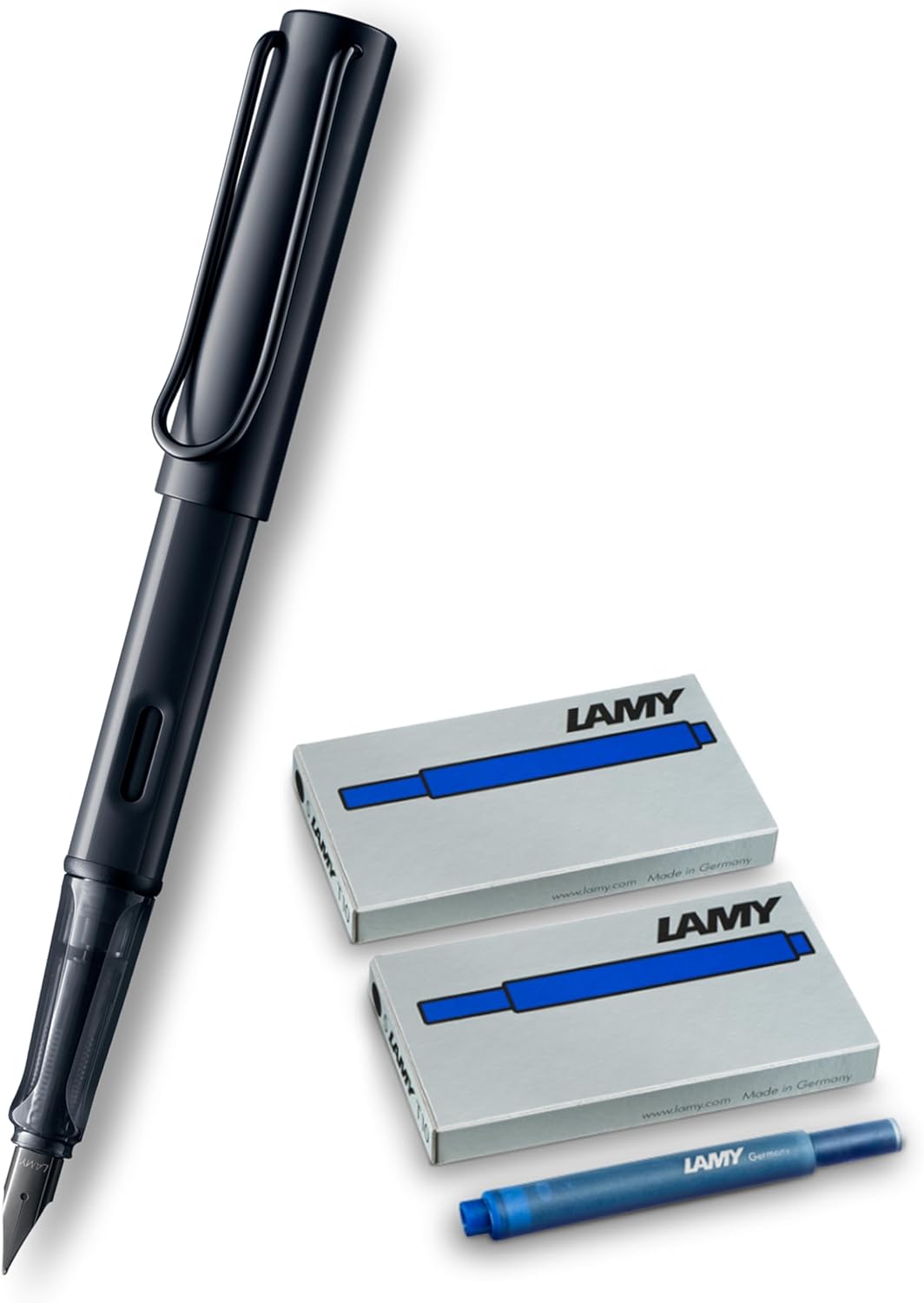 Lamy AL-star Black Fountain Pen - Fountain Pen with Ergonomic Grip & Black Steel Nib in Line Width F - Lightweight Aluminium Housing - Includes Ink Cartridge (Medium Nib + 10 Cartridges Blue, Black)