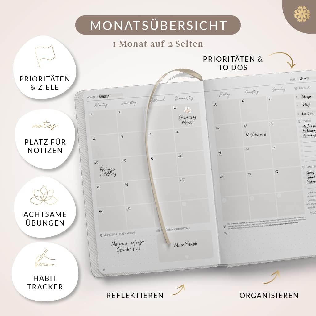 Lebenskompass® Student Planner without Date A5 "Charmer" – Beautiful Semester Planner with Many Extras – Uni Diary Calendar for Students Undated – Bild 5