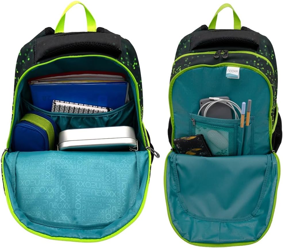 Familando Neoxx School Backpack 4-Piece Set with Pencil Case, Water Bottle and Rain Cover Backpack for School Ergonomic School Bag School Bag 5th to 12th Class, Pixels/Black Green, School backpack set – Bild 3