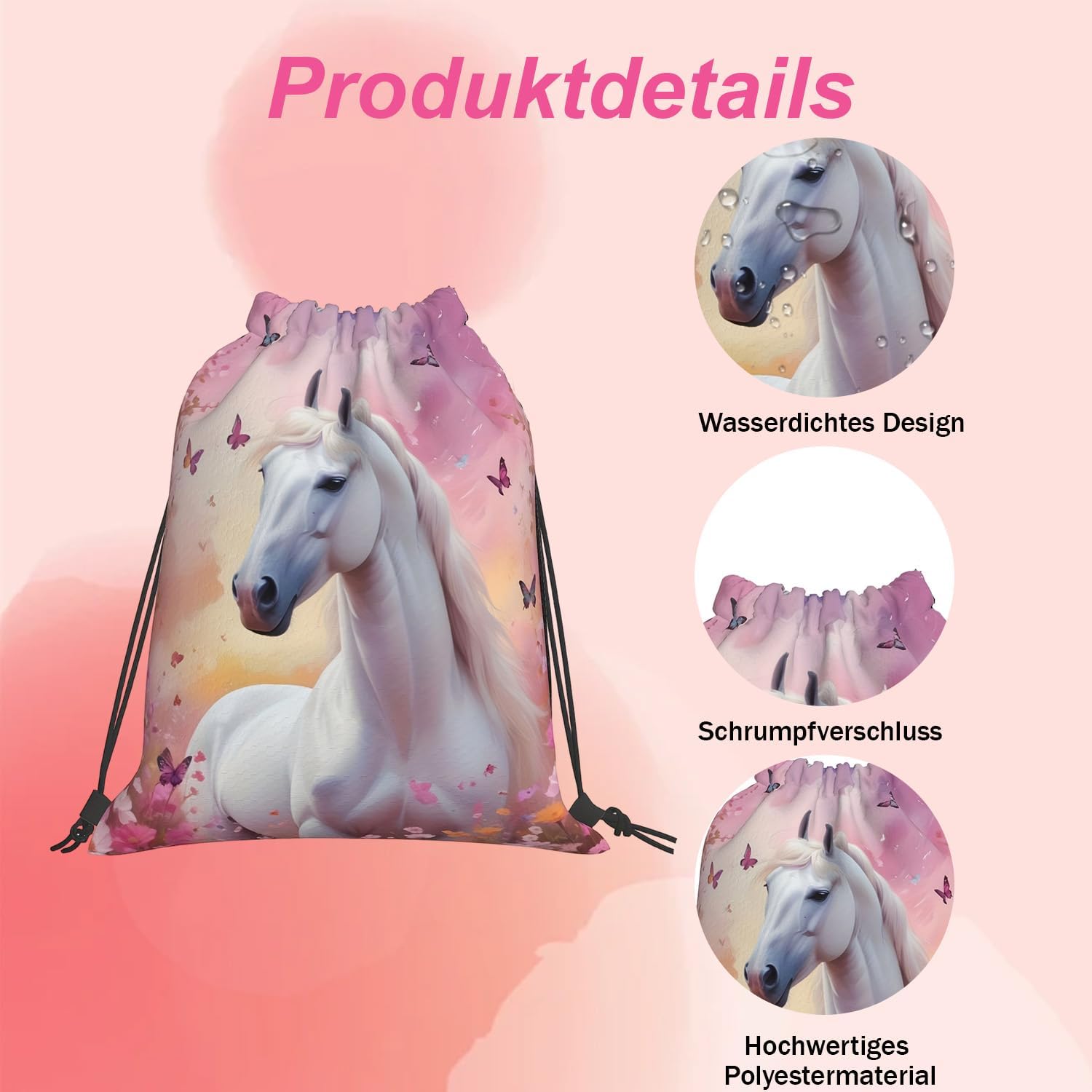 Horse Backpack with Drawstring, Drawstring Bag, Gym Bag, Large, Waterproof Drawstring with Butterfly Pattern, Horse Gift, Sports Bag for Men and Women, Gym Bag, Sports Backpack – Bild 3