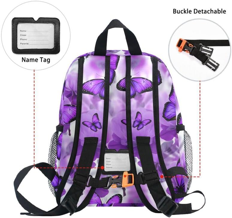 ODAWA Lila Schmetterlinge Kinder Rucksäcke mit Namensschild mit Brustgurt Kindergarten Rucksack – Bild 4