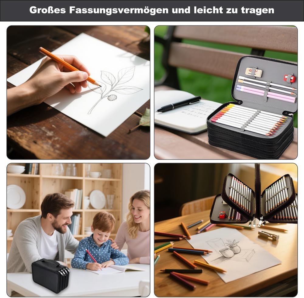 Large Pencil Case with 72 Slots, Portable Pencil Case, 4 Compartments Pencil Case Large with Zip Carry Handle, Waterproof Pencil Case for Colouring Pencils, Markers, Ballpoint Pens, Black – Bild 7