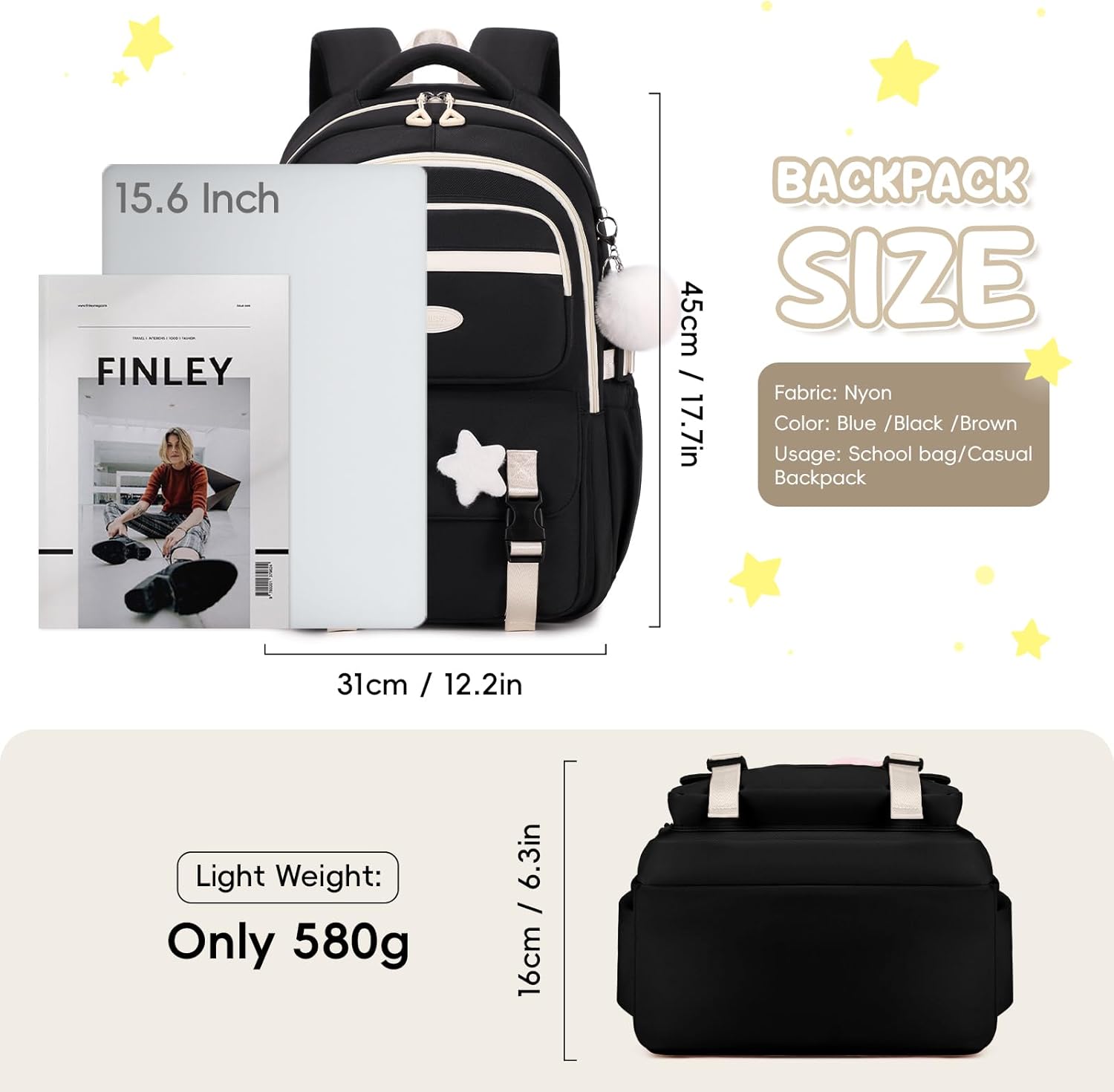 Backpack Girls School Bag for 3rd 5th Grade, Casual Large Kids Backpack with Pom Pom Pendant & Star Badge, Lightweight School Backpack Teenager with Trolley Strap – Bild 2